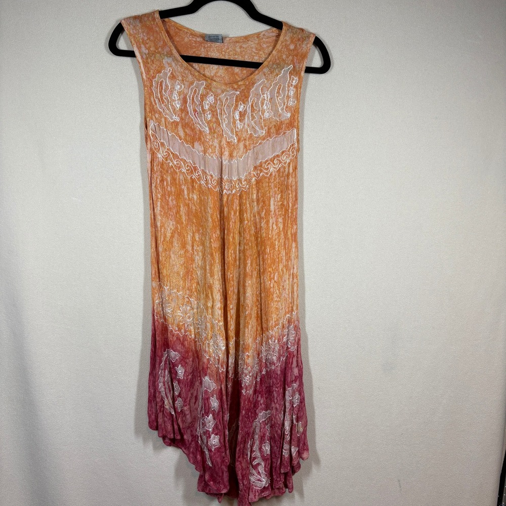 Colors of India Embroidered Swim Cover Tank Dress Free Size Peach/Red Midi